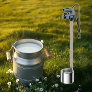 Warmer with polished base on a meadow with milk churn